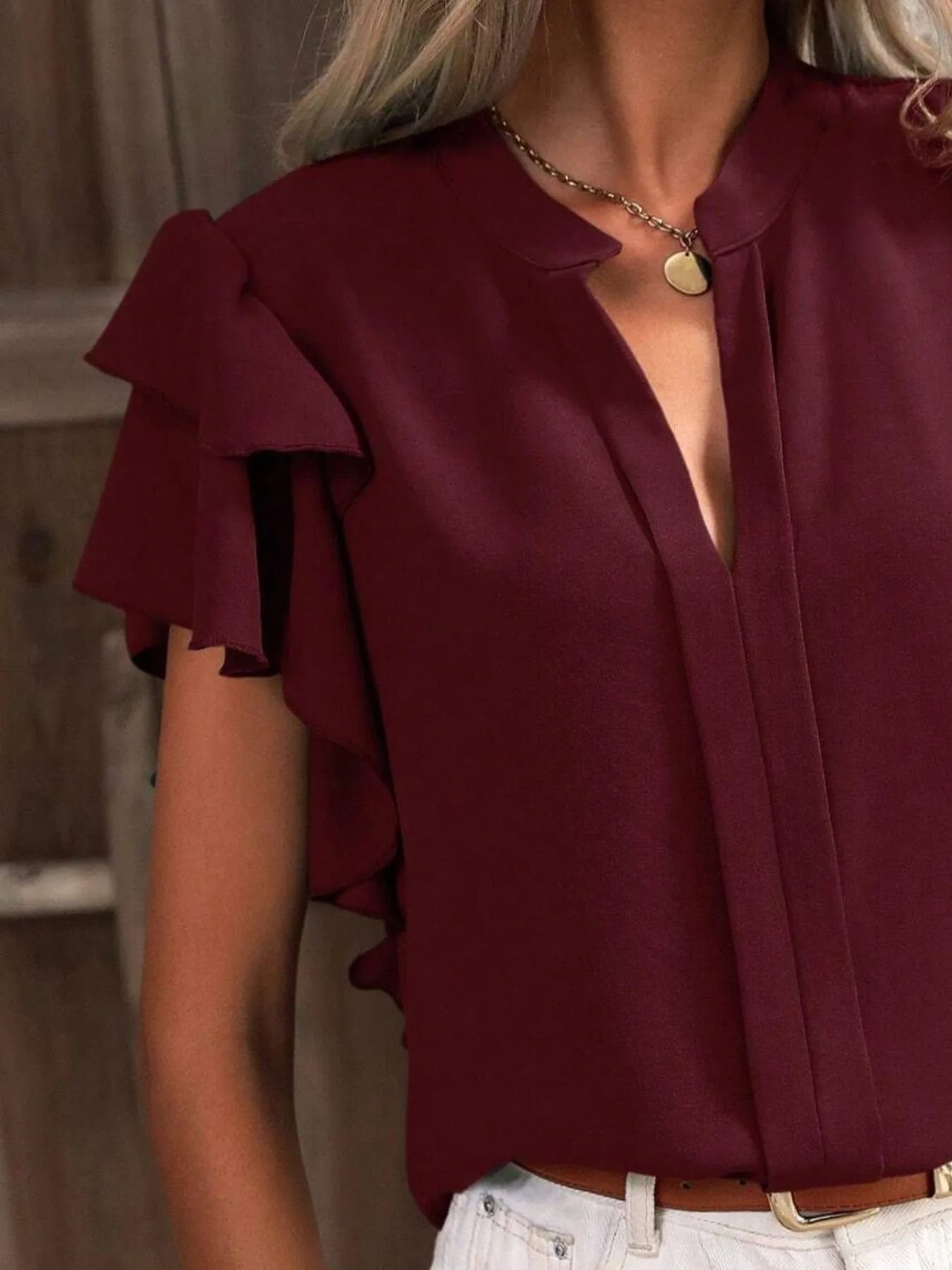 Ruffle Sleeve Notched Blouse - JUST - JEN BOUTIQUE
