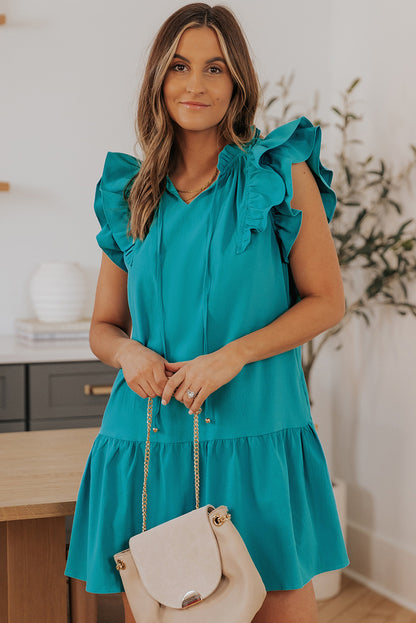 Green Tiered Ruffled Sleeves Mini Dress with Pockets