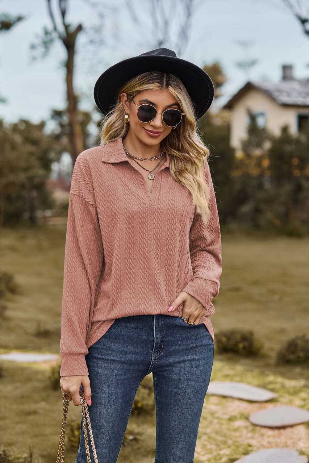 Collared Neck Cable - Knit Long Sleeve Blouse - JUST - JEN BOUTIQUE