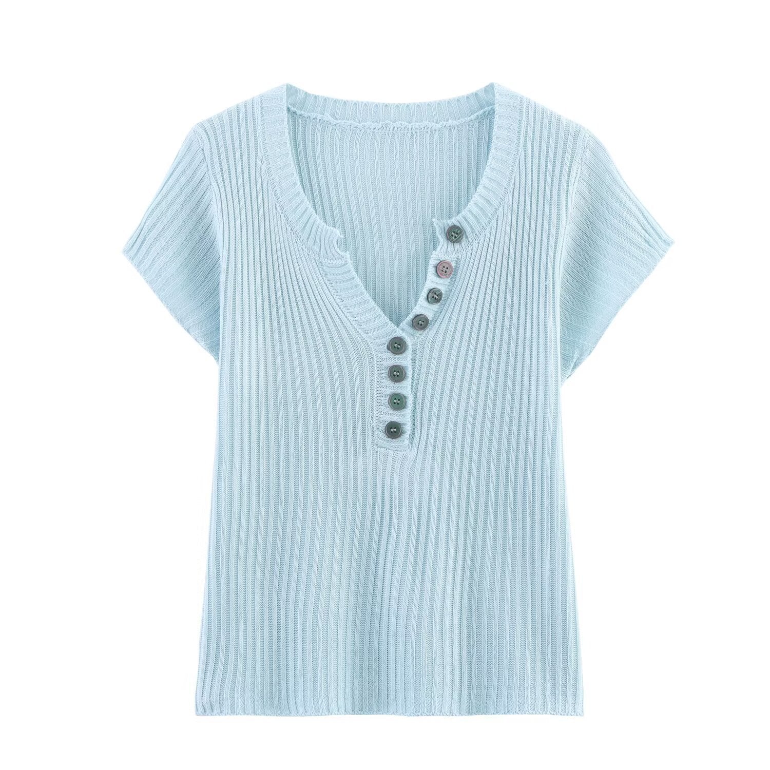 V - neck short sleeved button knit T-shirt top for women - JUST - JEN BOUTIQUE