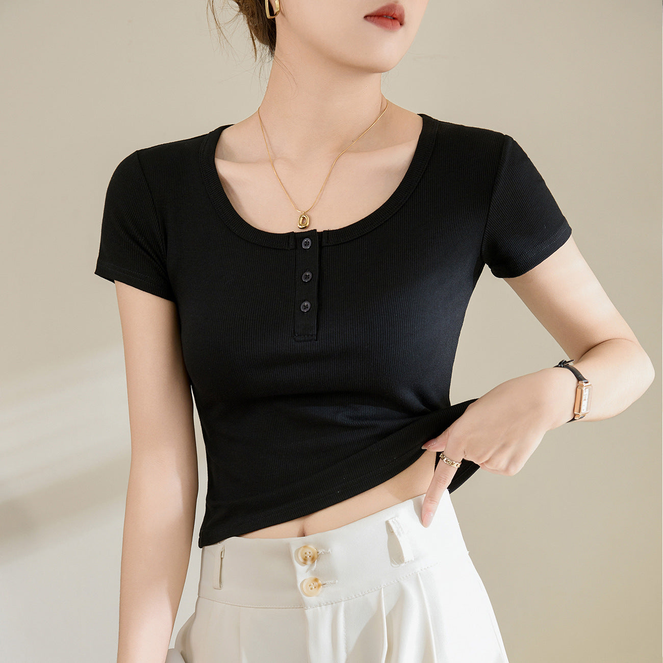 Button up U-neck short sleeved top