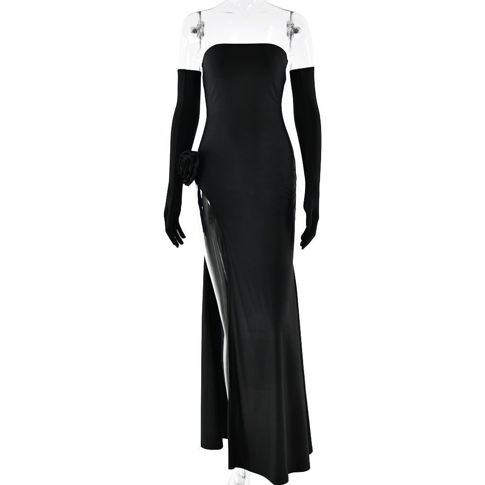 Women's dress, sexy and fashionable, strapless with floral inlay, sleeveless slit, backless long skirt - JUST - JEN BOUTIQUE