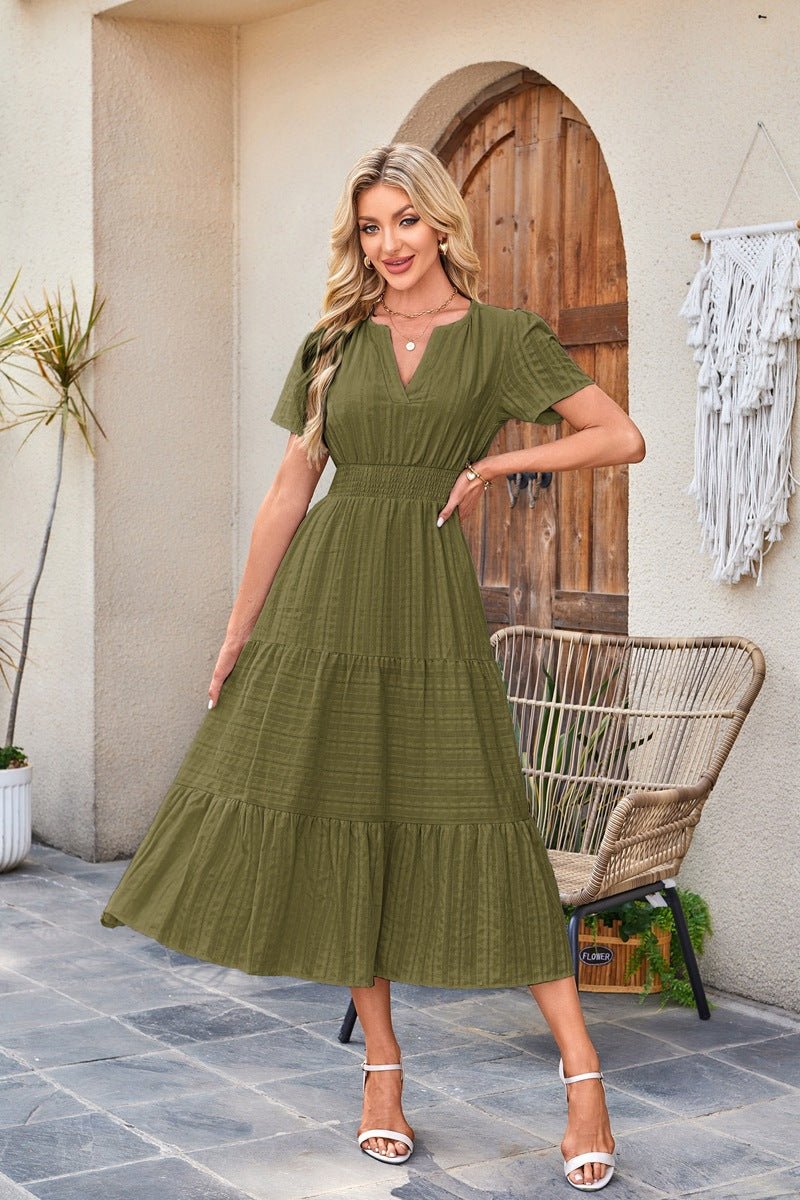 V - neck pleated bubble sleeves large swing short sleeved dress - JUST - JEN BOUTIQUE