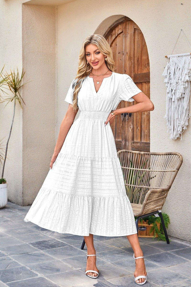 V - neck pleated bubble sleeves large swing short sleeved dress - JUST - JEN BOUTIQUE