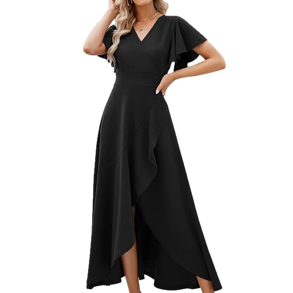 Lotus leaf sleeve V - neck elegant evening gown polyester dress - JUST - JEN BOUTIQUE