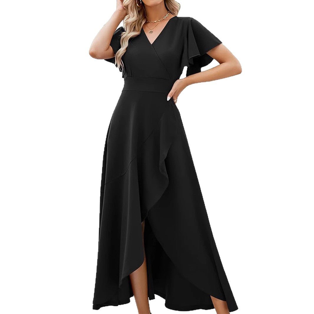 Lotus leaf sleeve V - neck elegant evening gown polyester dress - JUST - JEN BOUTIQUE