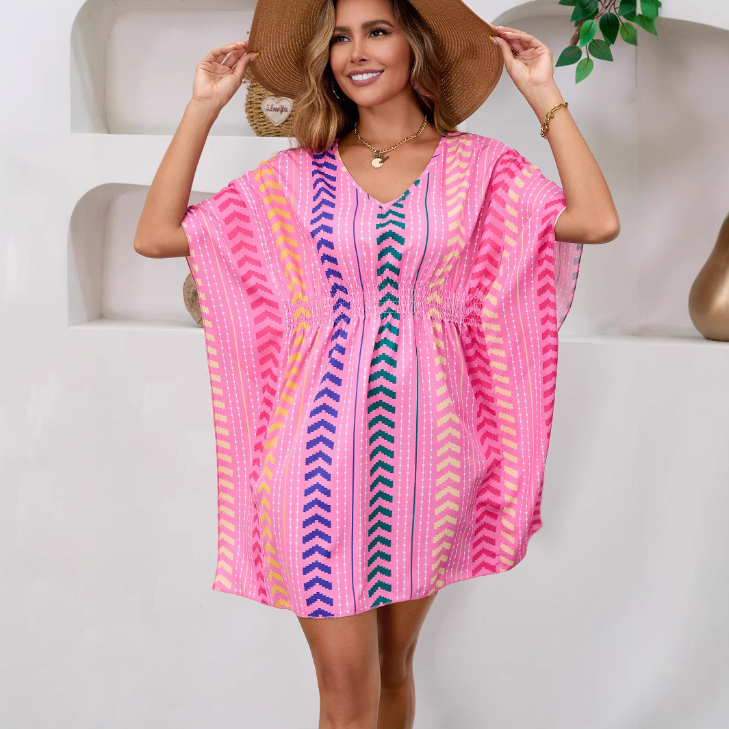 Women's Floral Boho Mini Dress – V-Neck Short Sleeve Vacation Sundress