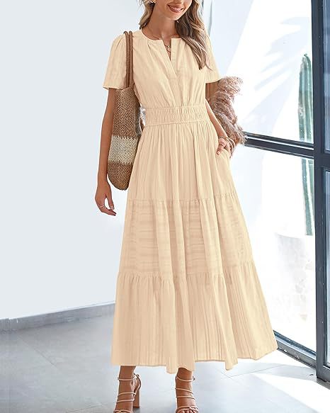 V - neck pleated bubble sleeves large swing short sleeved dress - JUST - JEN BOUTIQUE