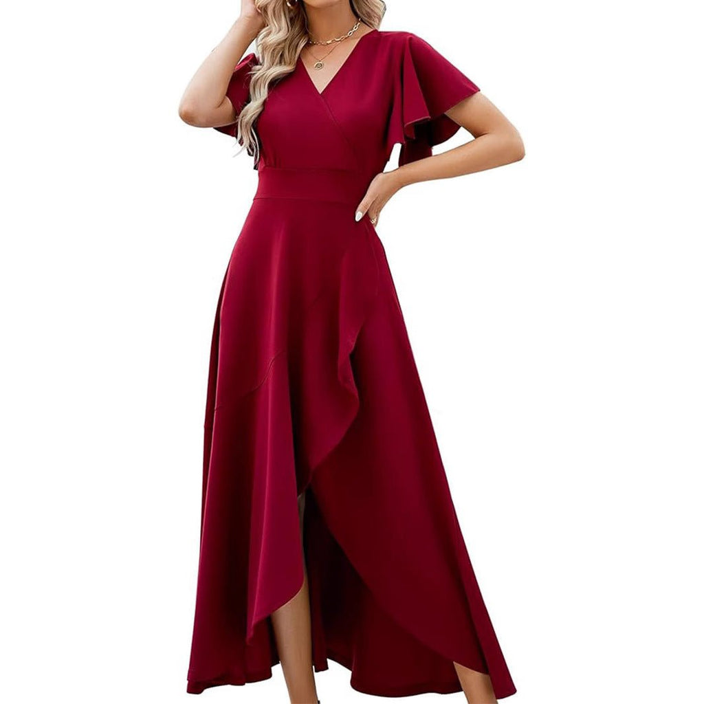 Lotus leaf sleeve V - neck elegant evening gown polyester dress - JUST - JEN BOUTIQUE