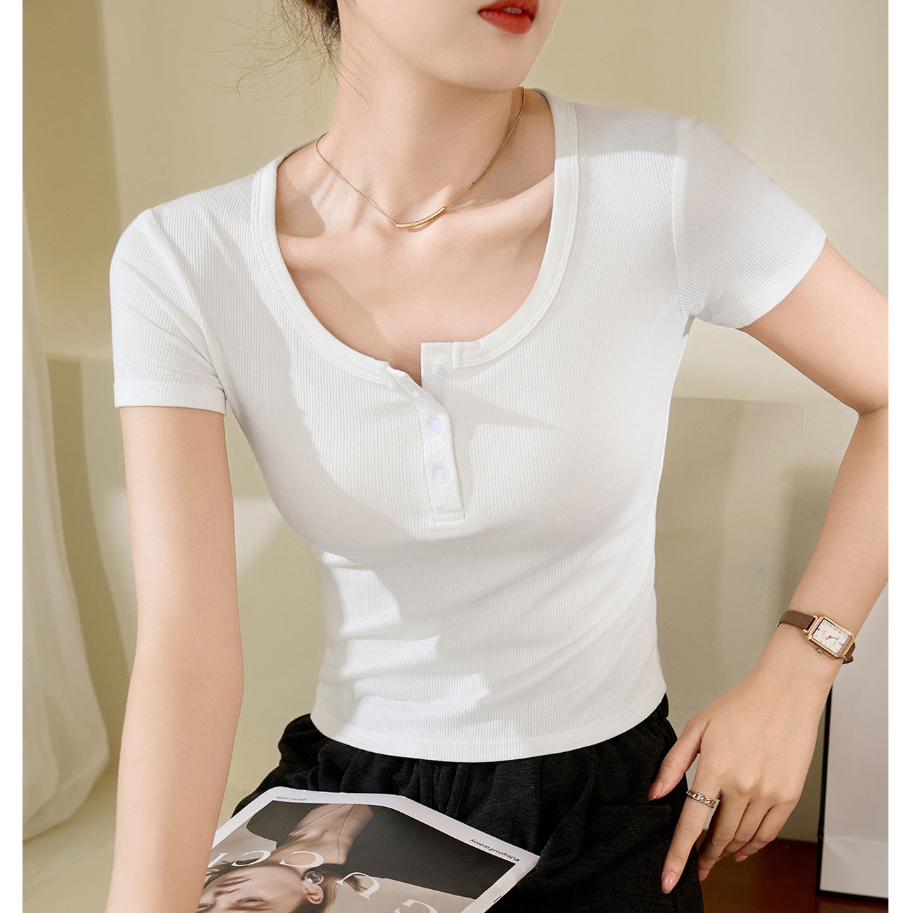 Button up U-neck short sleeved top