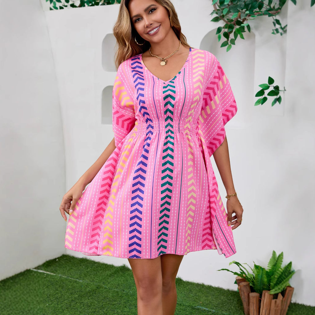 Women's Floral Boho Mini Dress – V-Neck Short Sleeve Vacation Sundress