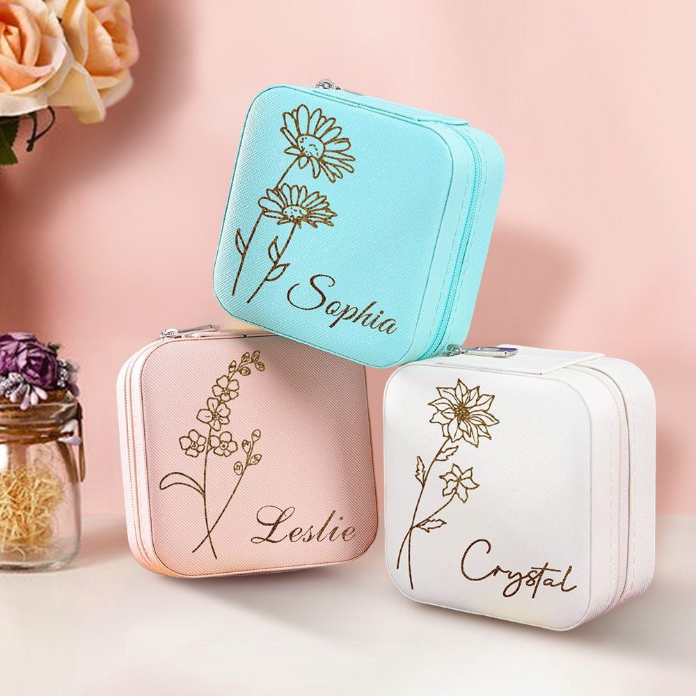 Personalized Birth Flower Jewelry Box Custom Jewelry Organizer Storage Gift for Her - JUST - JEN BOUTIQUE