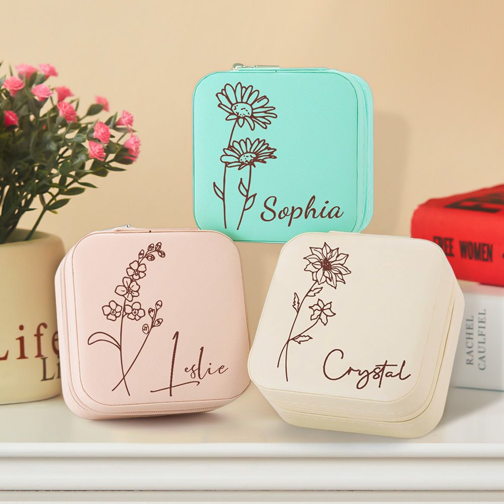 Personalized Birth Flower Jewelry Box Custom Jewelry Organizer Storage Gift for Her - JUST - JEN BOUTIQUE