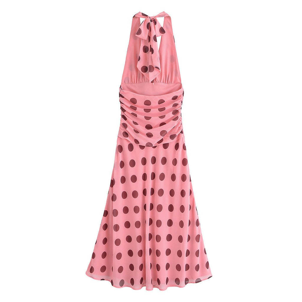 Women's European and American style backless hanging neck pleated long polka dot dress