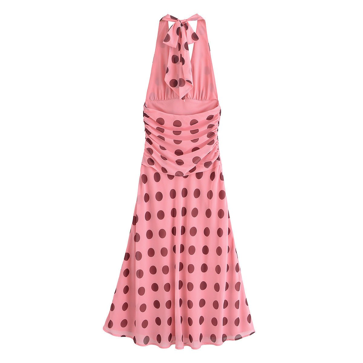 Women's European and American style backless hanging neck pleated long polka dot dress