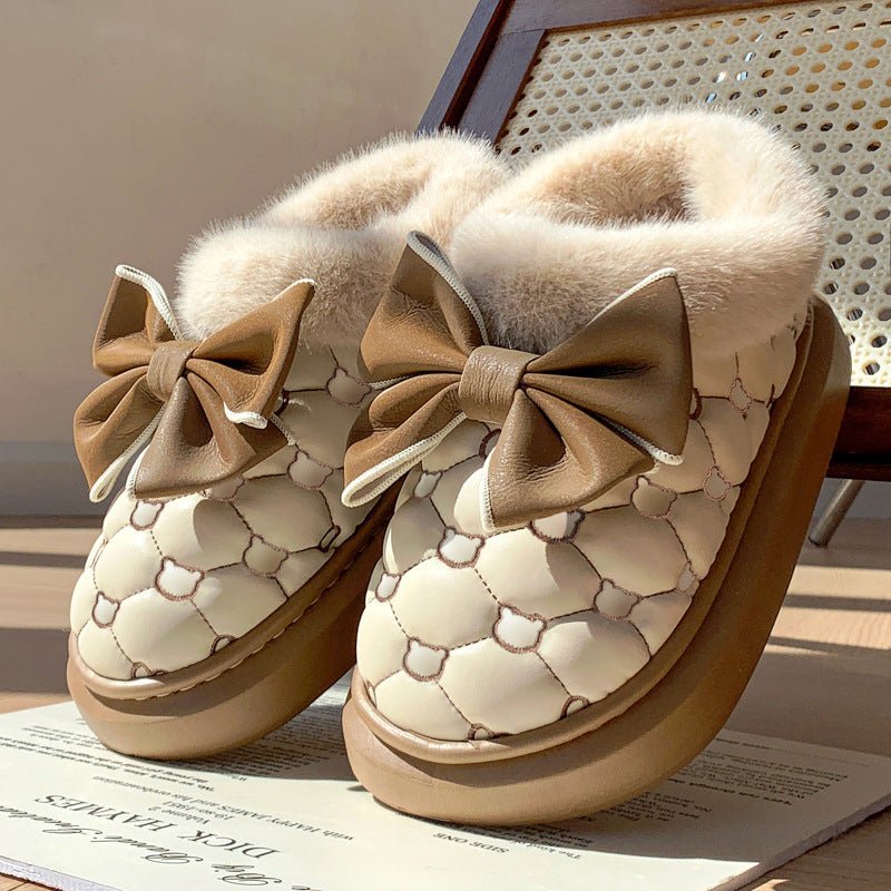 Women's waterproof cotton bootie shoes featuring a butterfly knot design.
