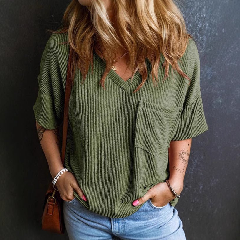 Fashion Two tone Twist Shot Pullover Short Sleeve V - neck Top Women's Shirt - JUST - JEN BOUTIQUE