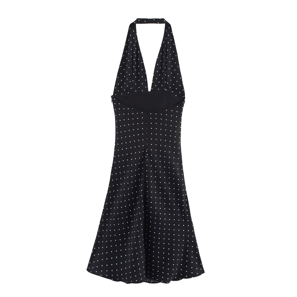 Backless hanging neck V-neck polka dot dress for women