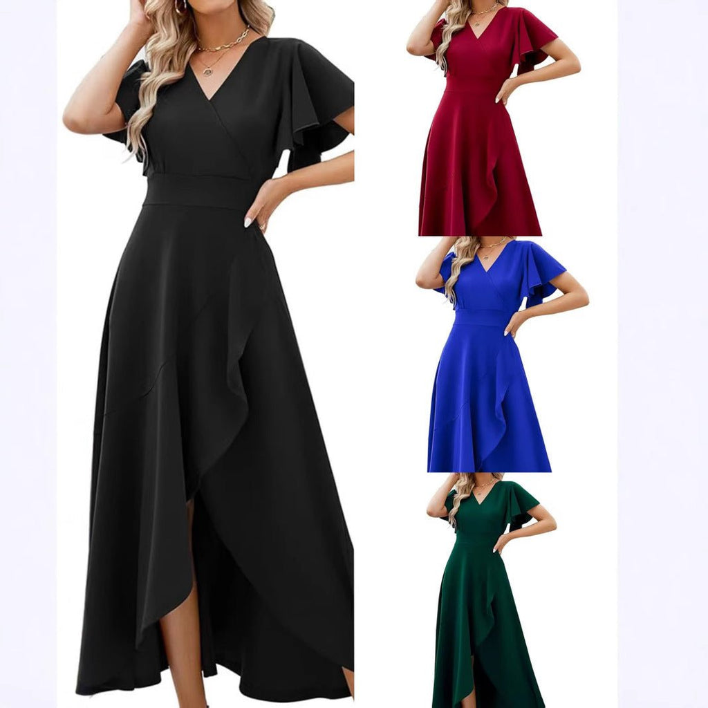 Lotus leaf sleeve V - neck elegant evening gown polyester dress - JUST - JEN BOUTIQUE