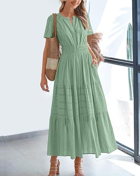 V - neck pleated bubble sleeves large swing short sleeved dress - JUST - JEN BOUTIQUE