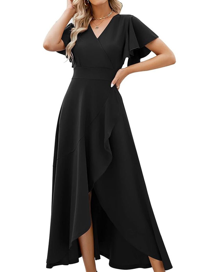 Lotus leaf sleeve V - neck elegant evening gown polyester dress - JUST - JEN BOUTIQUE