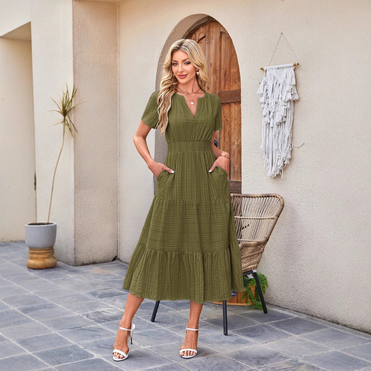 V - neck pleated bubble sleeves large swing short sleeved dress - JUST - JEN BOUTIQUE