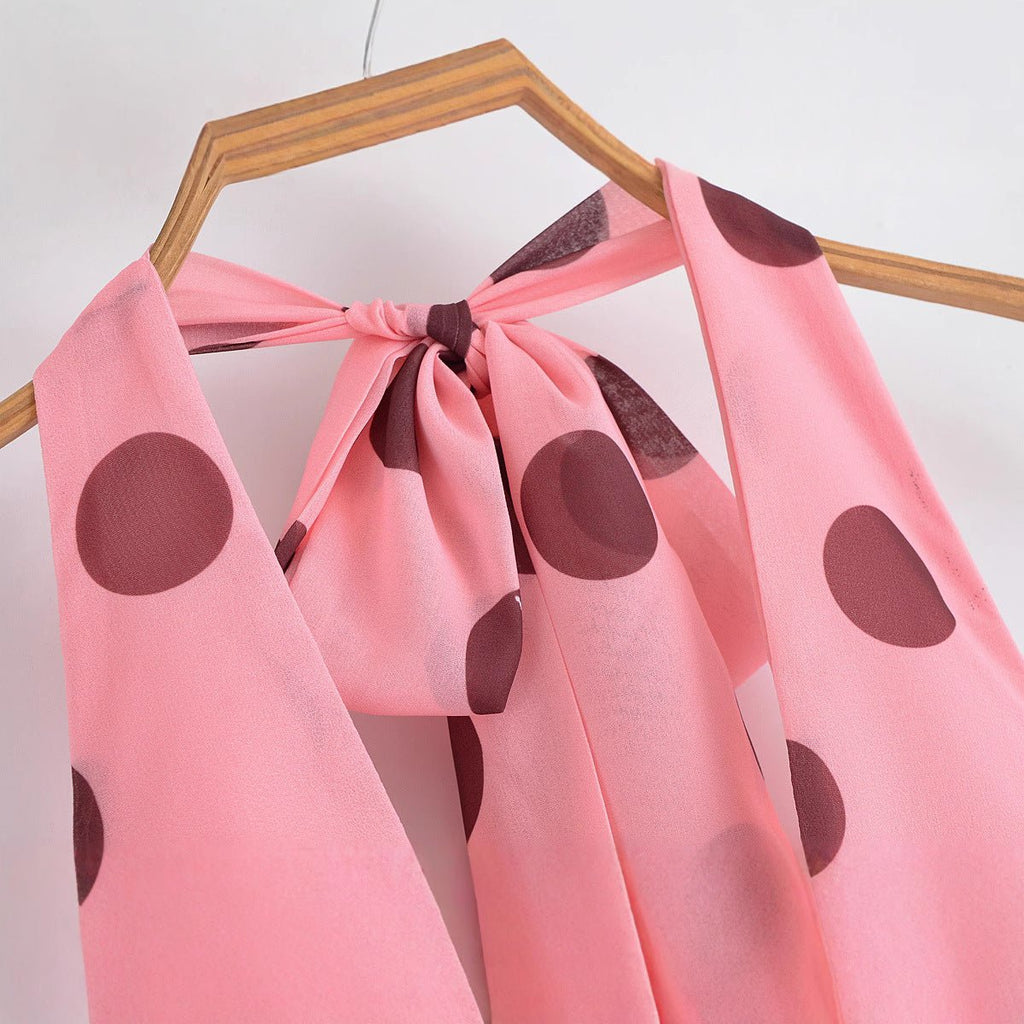 Women's European and American style backless hanging neck pleated long polka dot dress