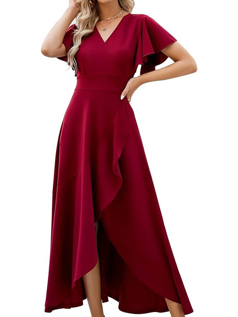 Lotus leaf sleeve V - neck elegant evening gown polyester dress - JUST - JEN BOUTIQUE