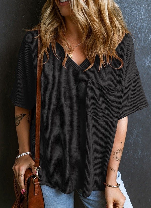 Fashion Two tone Twist Shot Pullover Short Sleeve V - neck Top Women's Shirt - JUST - JEN BOUTIQUE