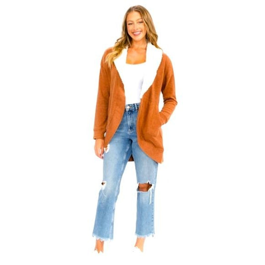 Womens Cardigan With Open Front & Sherpa Lining In S/M/L in Rust Color