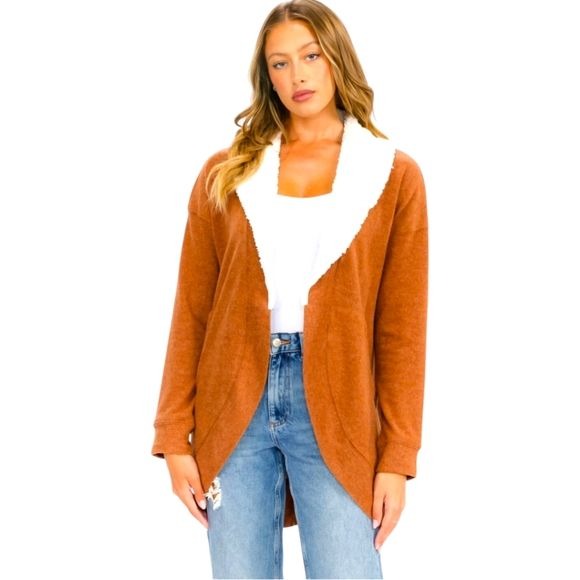 Womens Cardigan With Open Front & Sherpa Lining In S/M/L in Rust Color