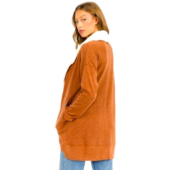 Womens Cardigan With Open Front & Sherpa Lining In S/M/L in Rust Color