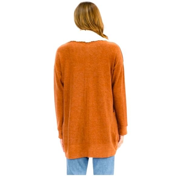 Womens Cardigan With Open Front & Sherpa Lining In S/M/L in Rust Color