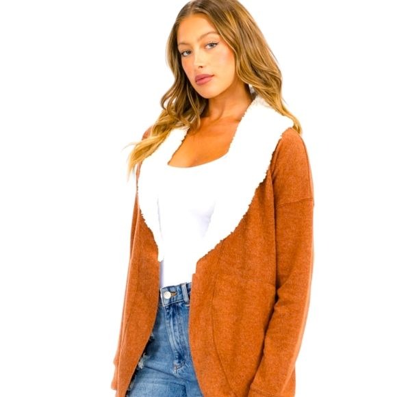 Womens Cardigan With Open Front & Sherpa Lining In S/M/L in Rust Color