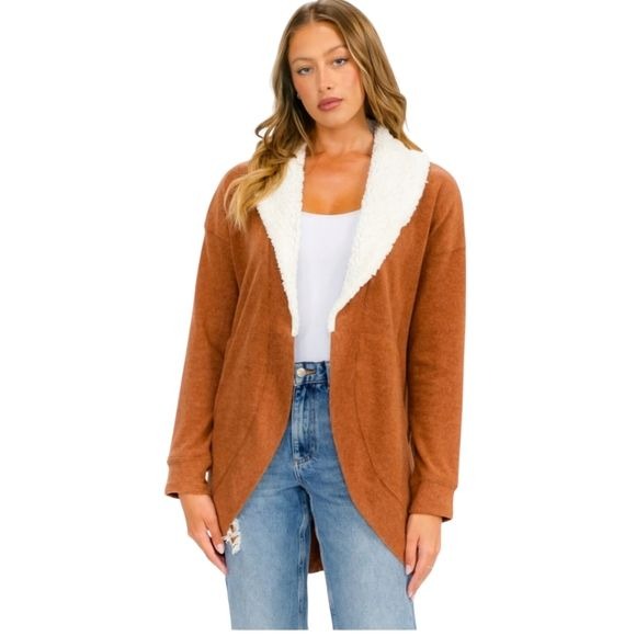 Womens Cardigan With Open Front & Sherpa Lining In S/M/L in Rust Color
