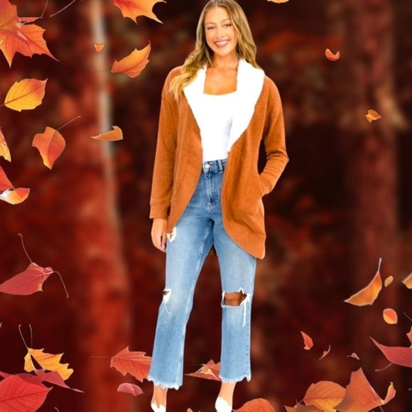 Womens Cardigan With Open Front & Sherpa Lining In S/M/L in Rust Color