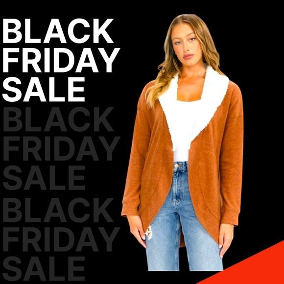 Womens Cardigan With Open Front & Sherpa Lining In S/M/L in Rust Color