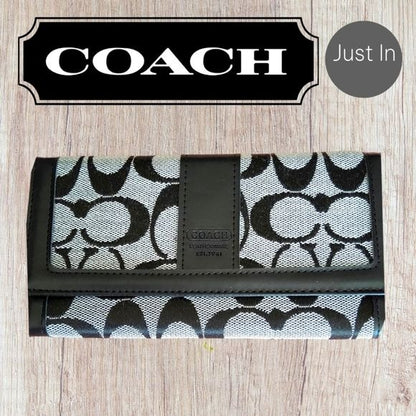 Coach Signature Vintage 2000 Tri-Fold Wallet Black & White Leather & Canvas