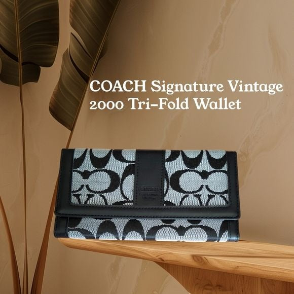 Coach Signature Vintage 2000 Tri-Fold Wallet Black & White Leather & Canvas