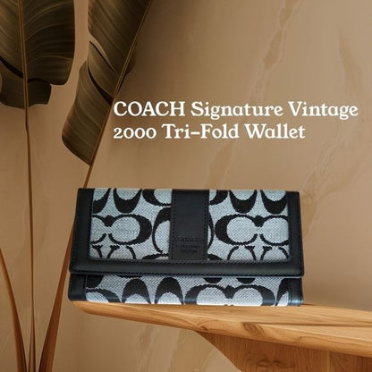 Coach Signature Vintage 2000 Tri-Fold Wallet Black & White Leather & Canvas