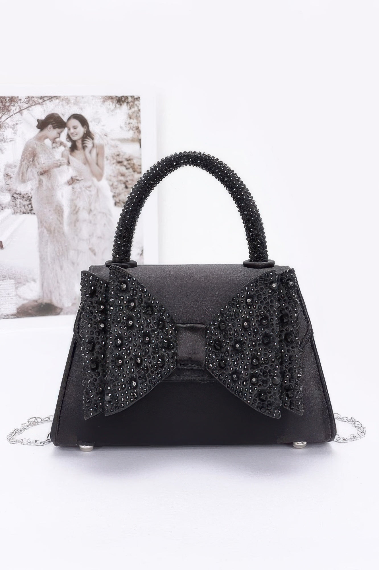 Rhinestone Ribbon Top Handle Satin Flap Bag - JUST - JEN BOUTIQUE
