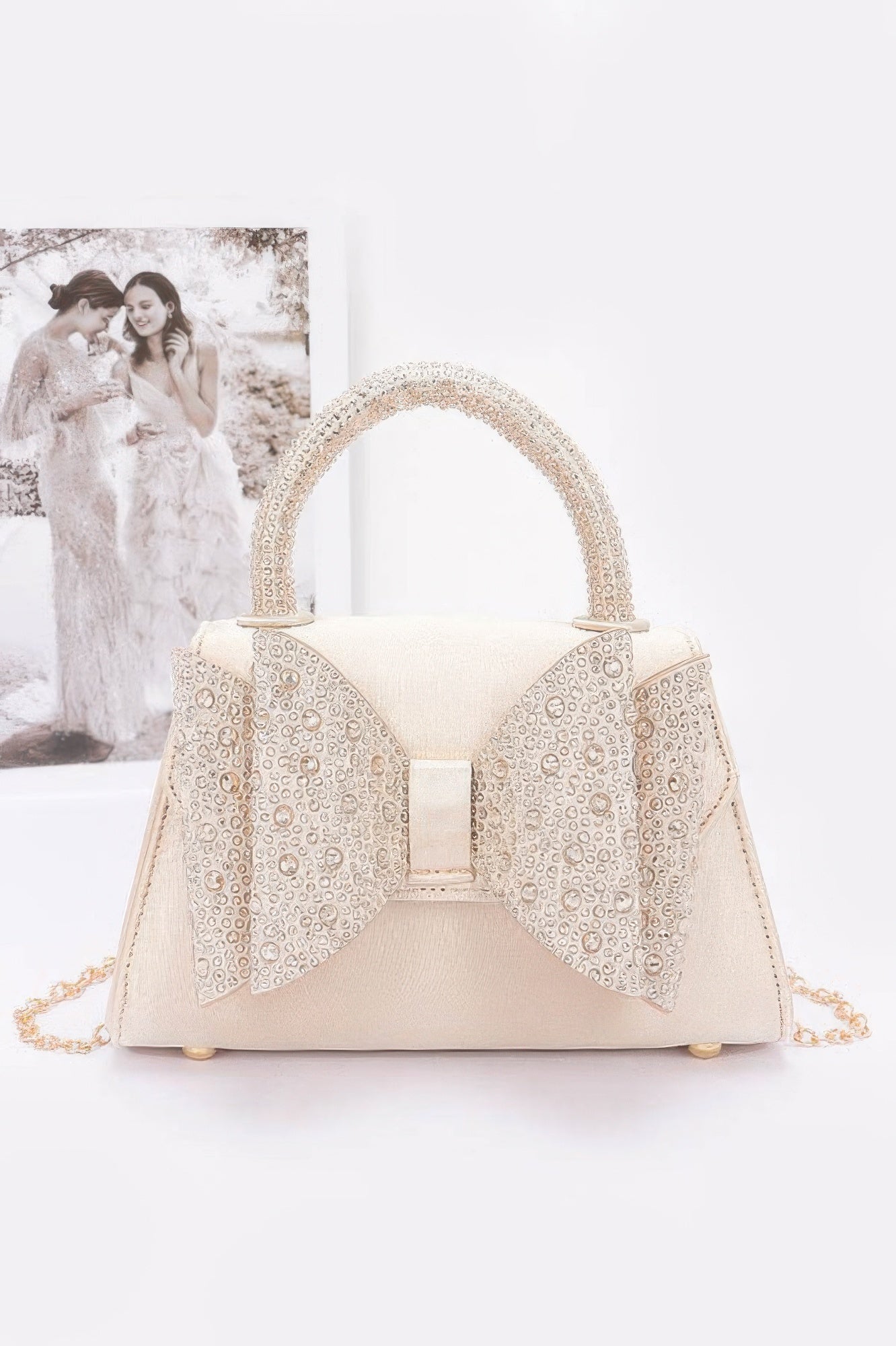 Rhinestone Ribbon Top Handle Satin Flap Bag - JUST - JEN BOUTIQUE