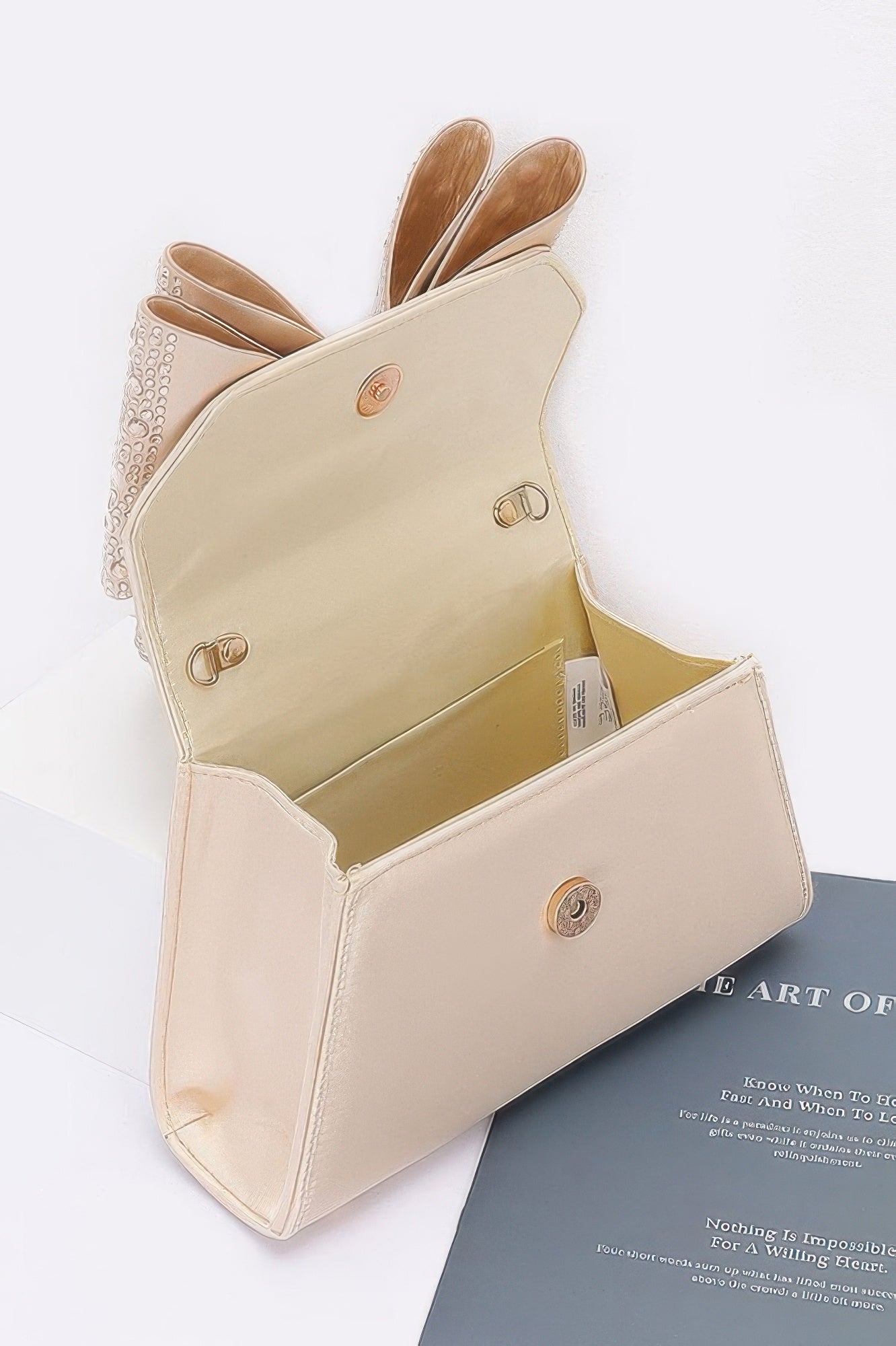 Rhinestone Ribbon Top Handle Satin Flap Bag - JUST - JEN BOUTIQUE