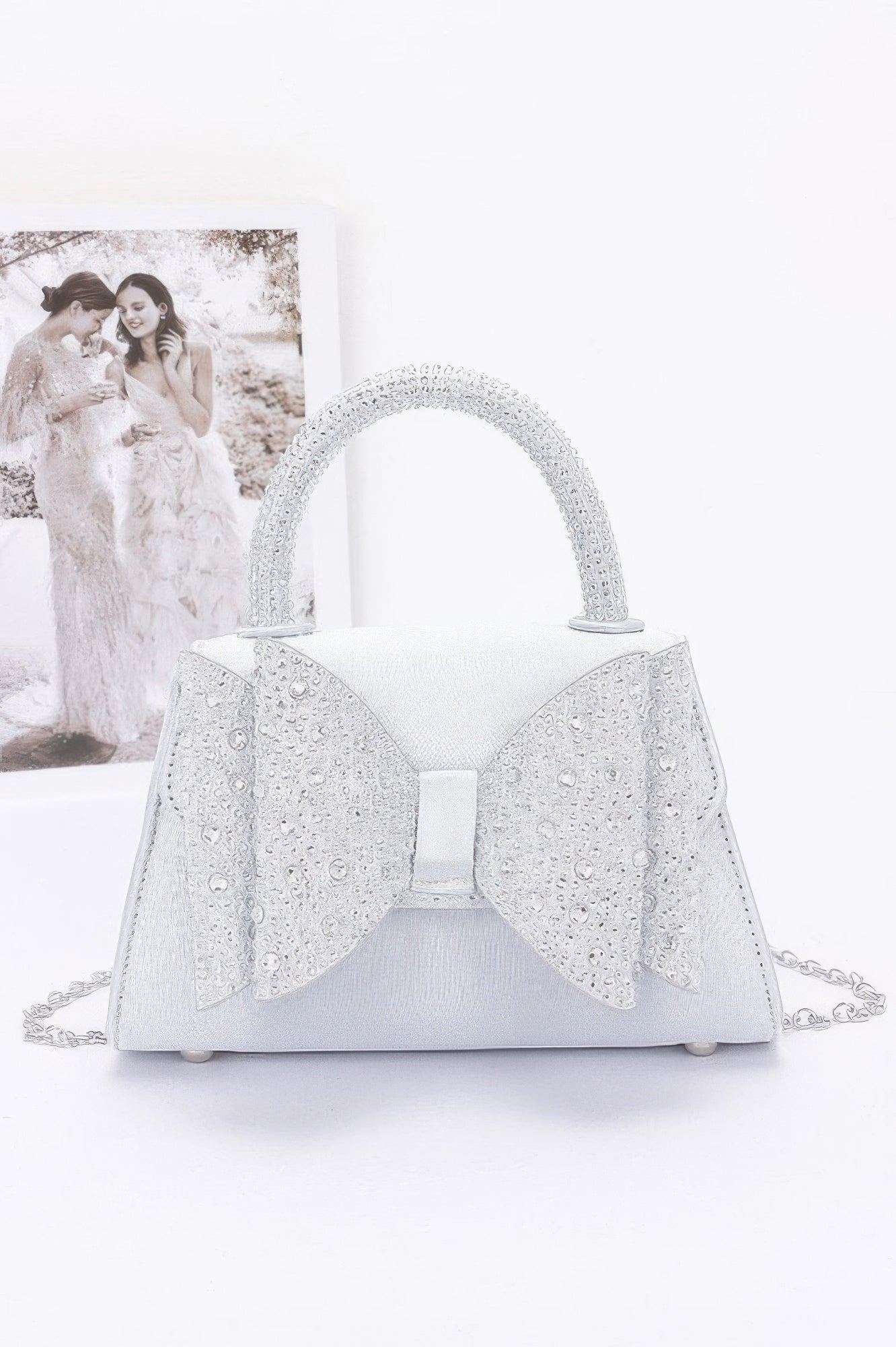 Rhinestone Ribbon Top Handle Satin Flap Bag - JUST - JEN BOUTIQUE
