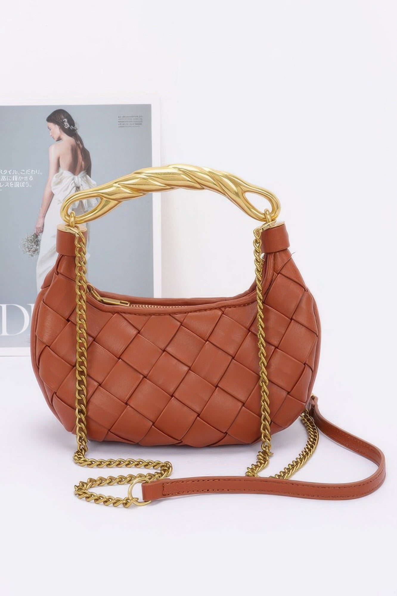 Faux Leather Braided Metal Handle Bag - JUST - JEN BOUTIQUE