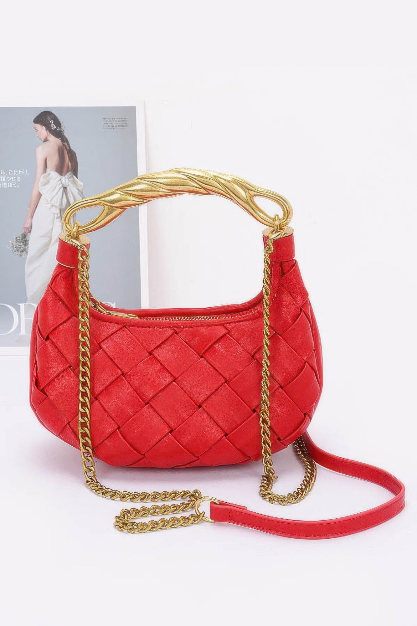 Faux Leather Braided Metal Handle Bag - JUST - JEN BOUTIQUE