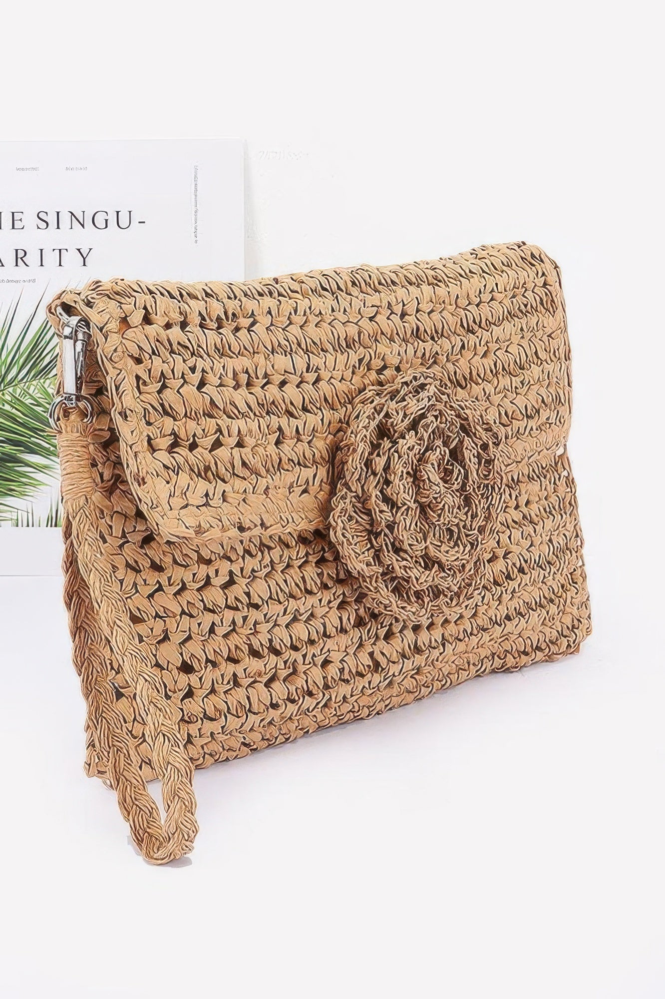 Faux Straw Handmade Flower Flap Clutch - JUST - JEN BOUTIQUE