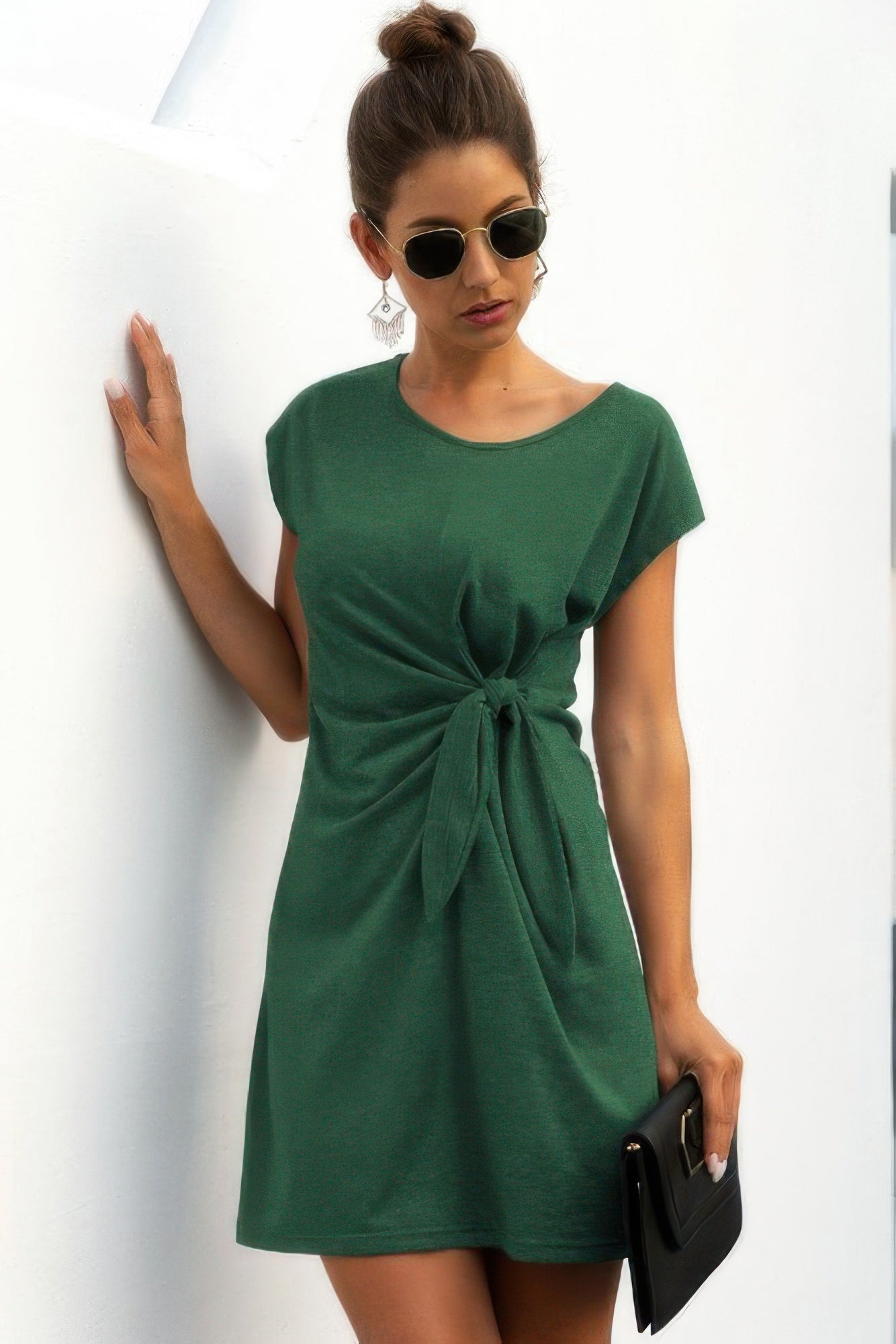 Solid Twist Knot Front Short Sleeve Tee Fit Dress - JUST - JEN BOUTIQUE