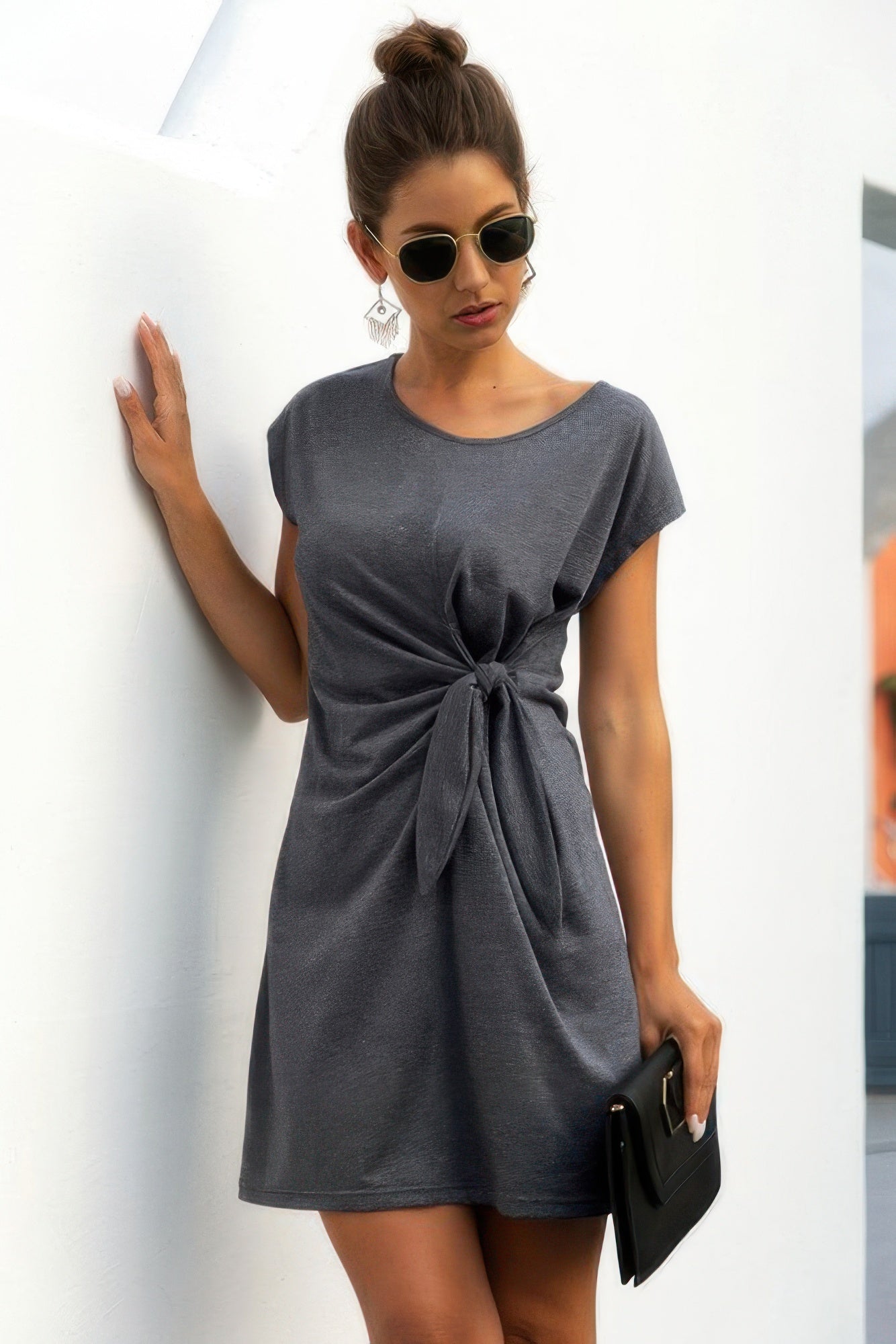 Solid Twist Knot Front Short Sleeve Tee Fit Dress - JUST - JEN BOUTIQUE