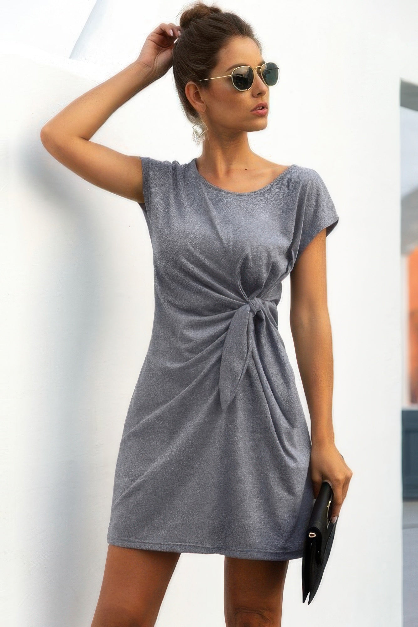 Solid Twist Knot Front Short Sleeve Tee Fit Dress - JUST - JEN BOUTIQUE